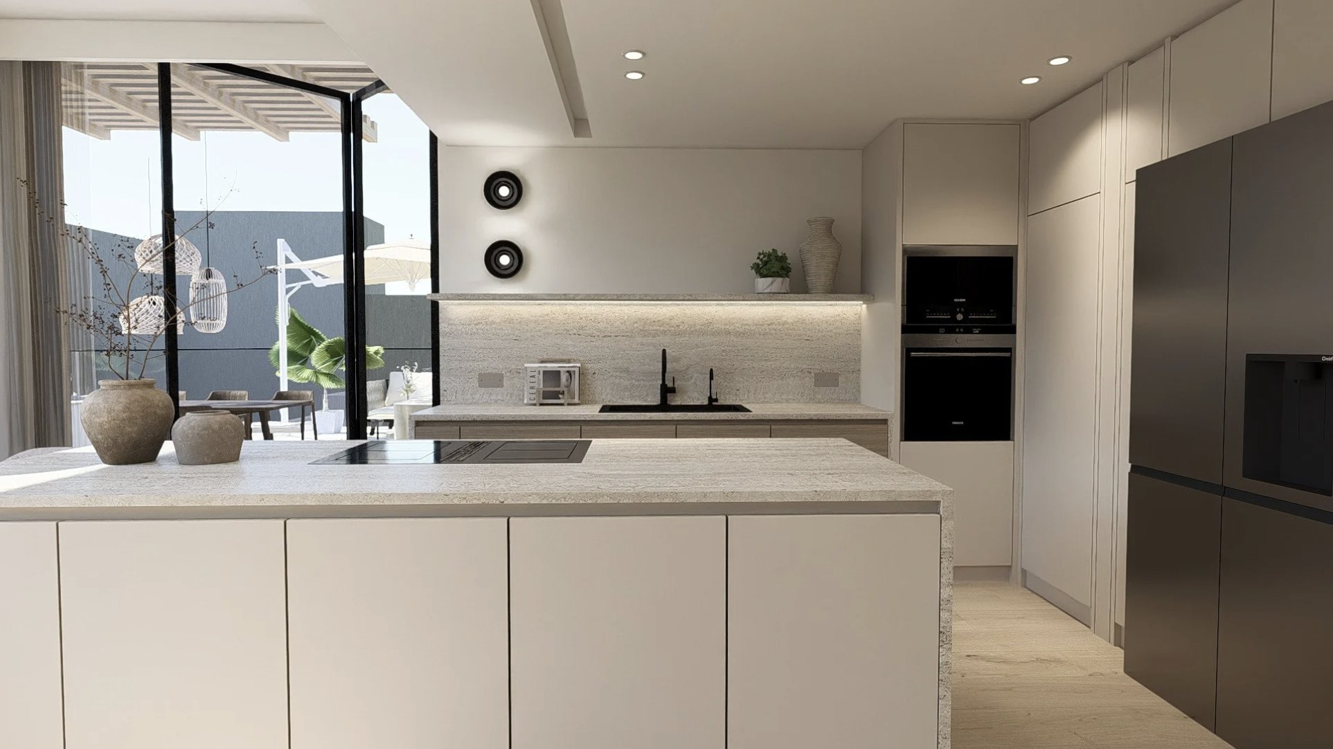 Open-plan kitchen with travertine island