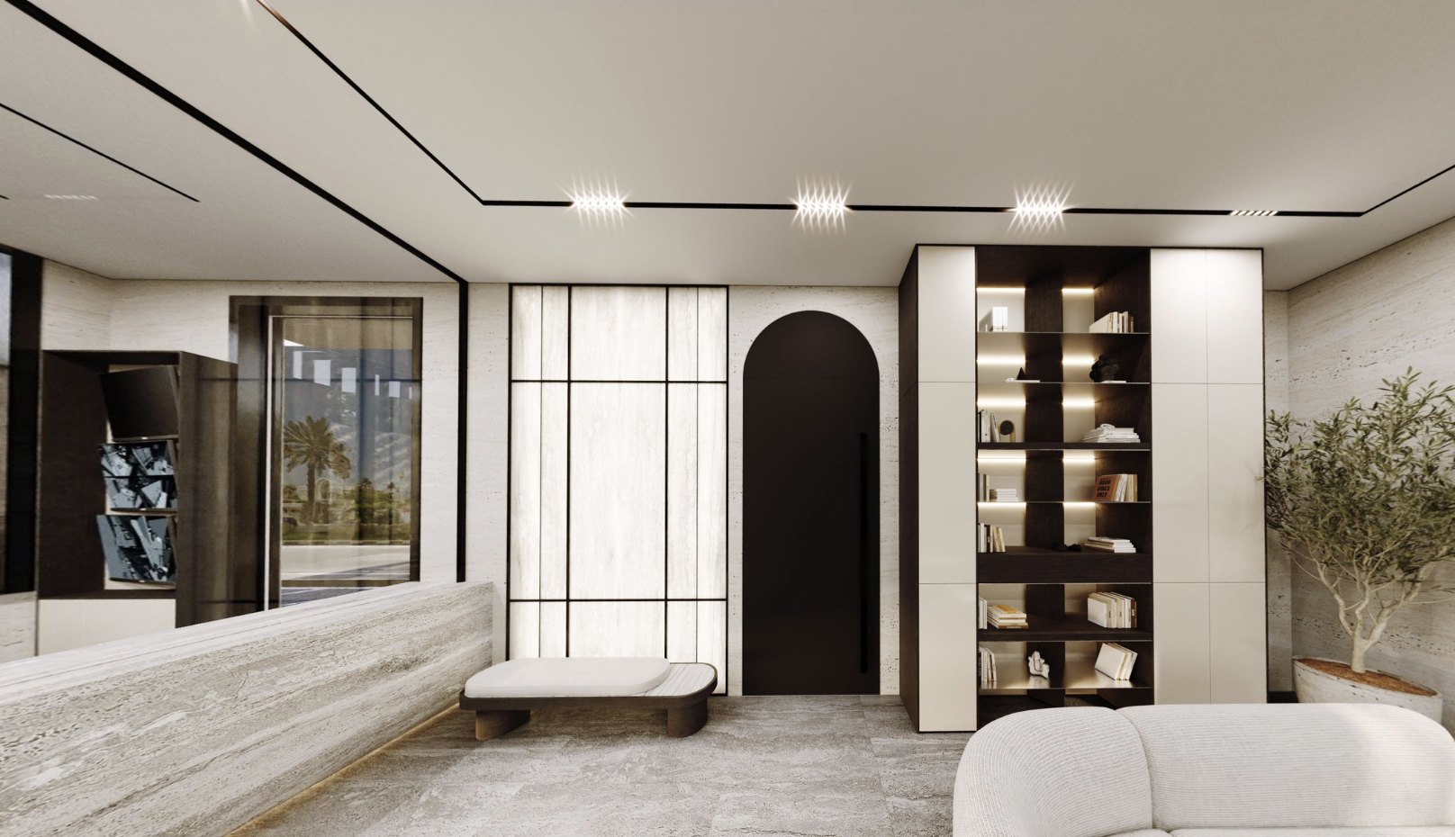 Living area with library shelving